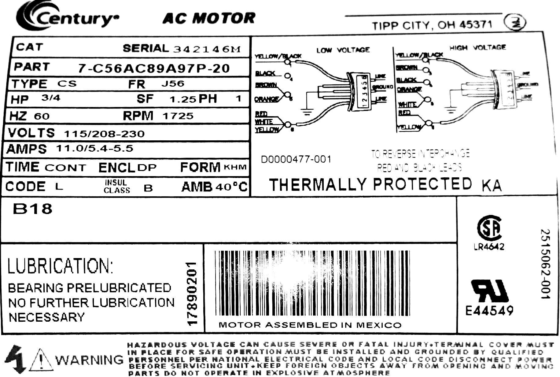 Century Ac Motor Wiring Diagram 115 Volts from trianglefans.com